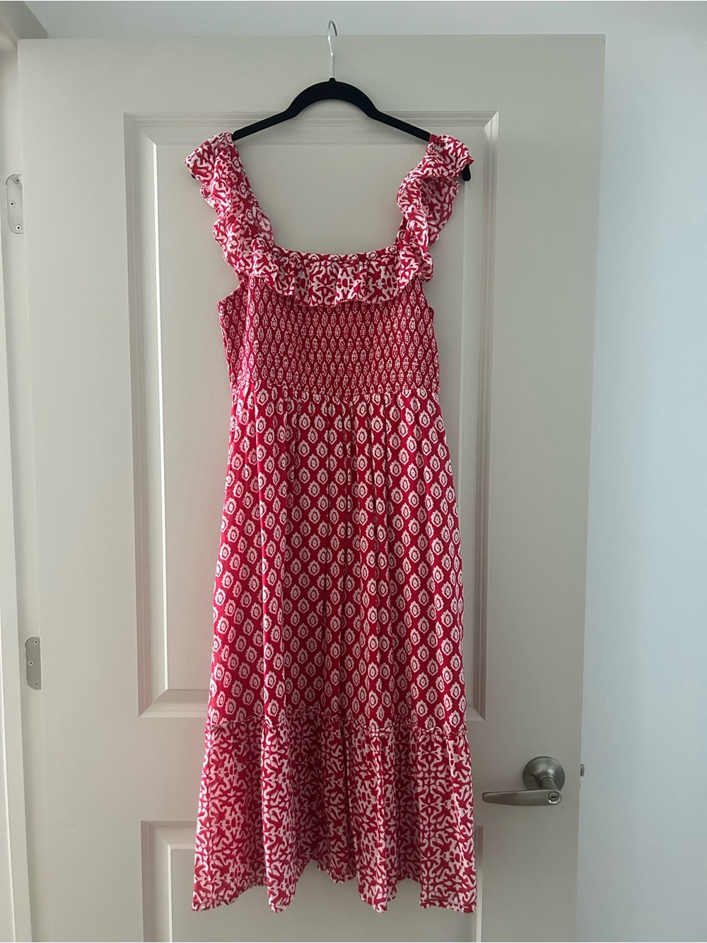 Vineyard Vines Red & White Smocked Ruffle Midi Dress with Pockets | Size Small